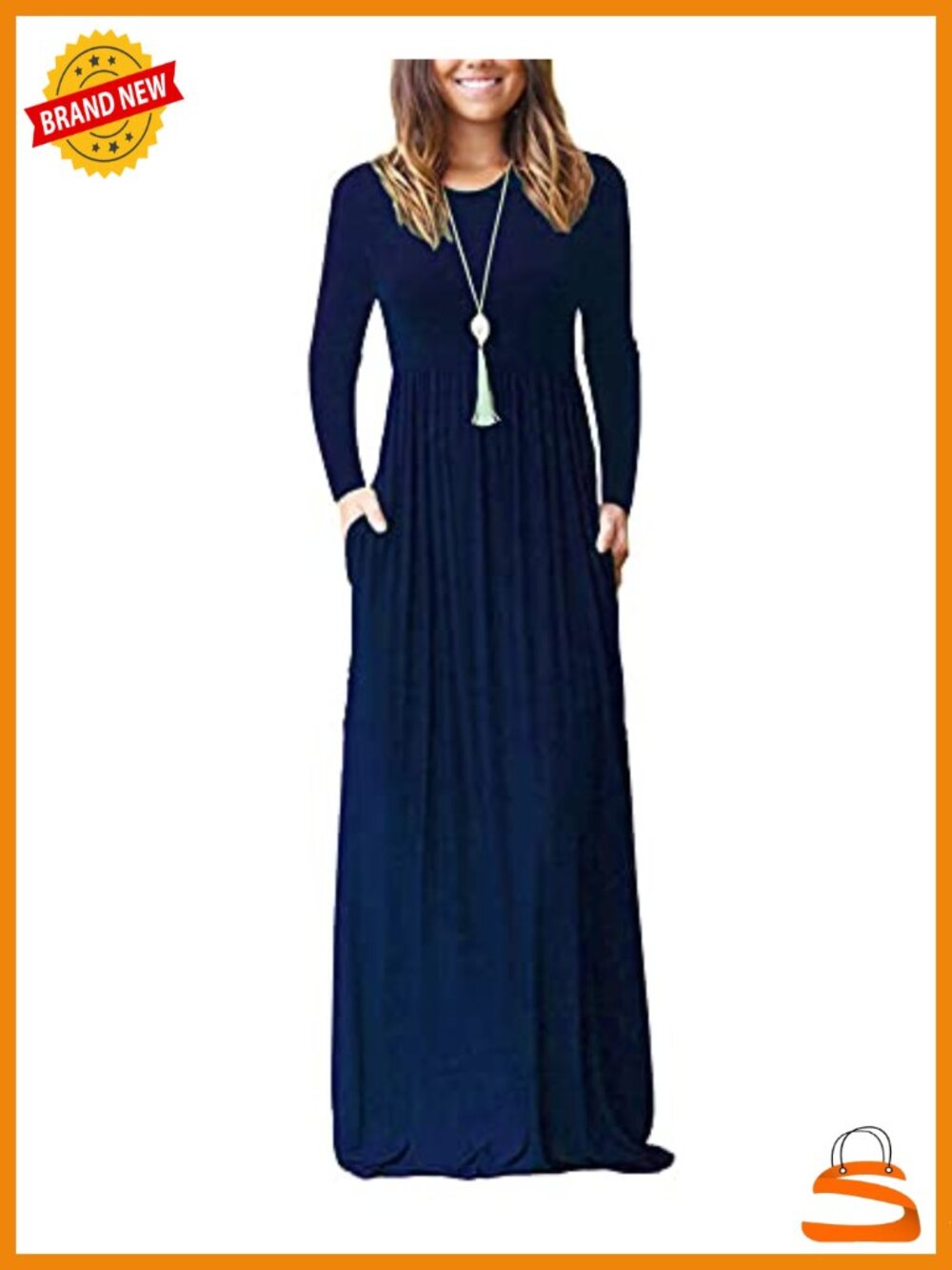 Long Sleeve Maxi Dress Empire Waist Casual with Pockets A-Line